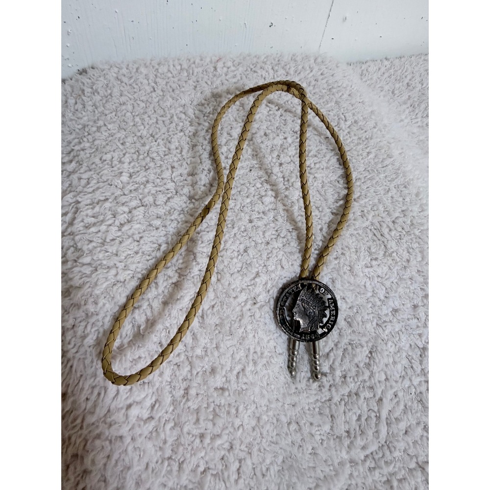 Vintage Indian Head Penny Bolo Tie Tan Braided Cord Silver Tone Medallion